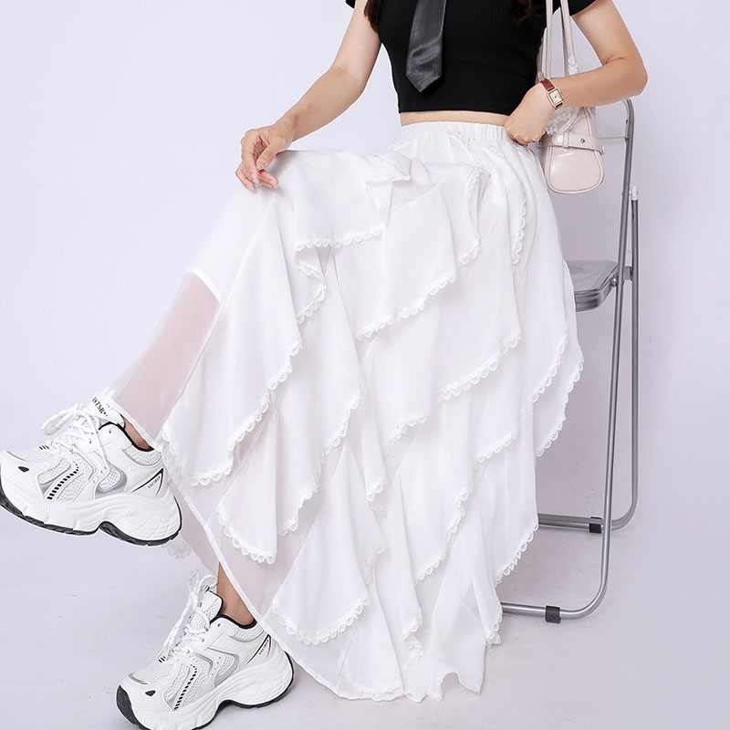 Irregular white lace skirt splice slim long skirt