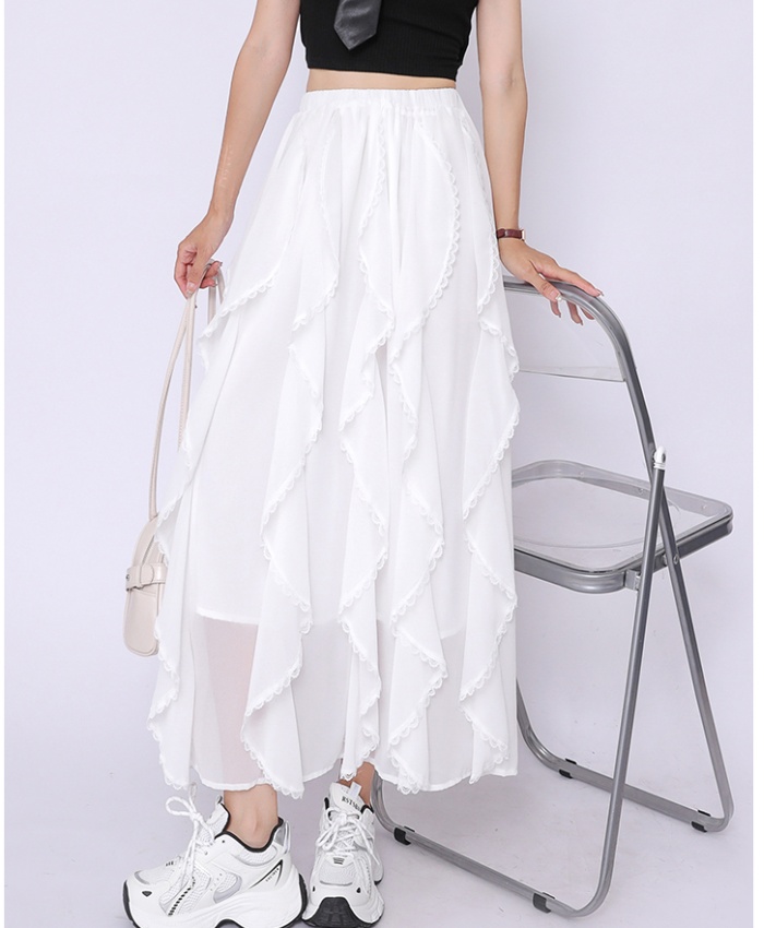Irregular white lace skirt splice slim long skirt