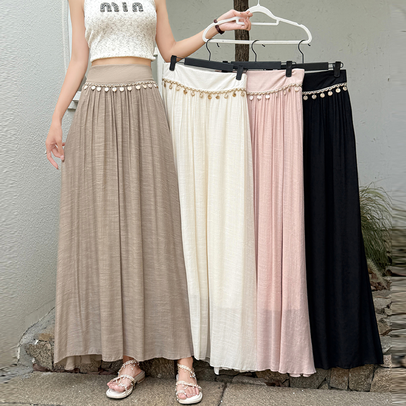 Tassels A-line slim skirt high waist vacation long skirt