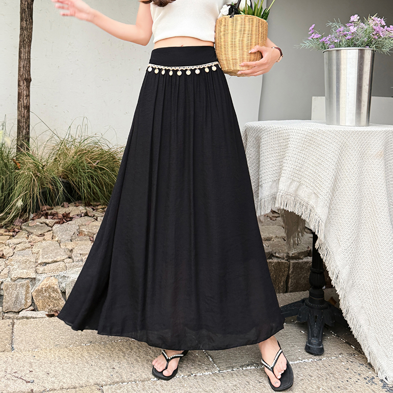 Tassels A-line slim skirt high waist vacation long skirt