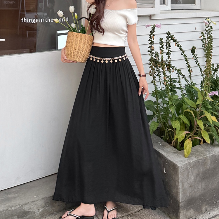 Tassels A-line slim skirt high waist vacation long skirt