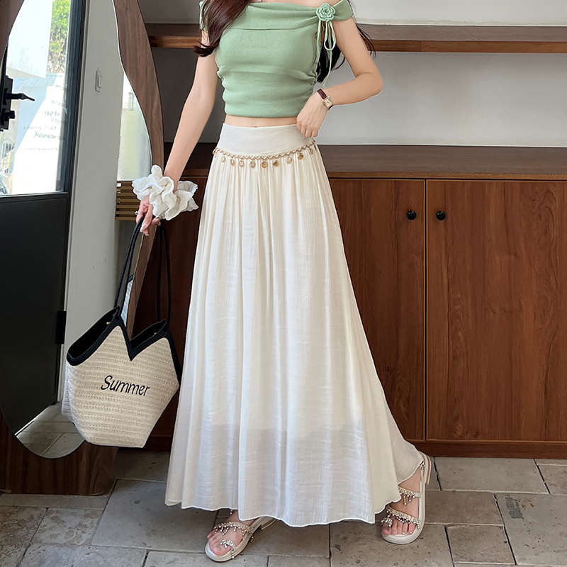 Tassels A-line slim skirt high waist vacation long skirt