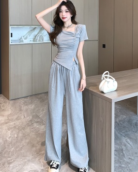 Lazy folds tops Casual wide leg pants a set for women