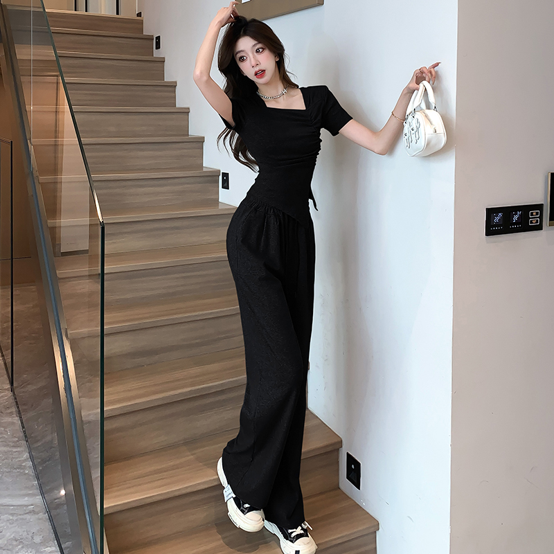 Lazy folds tops Casual wide leg pants a set for women
