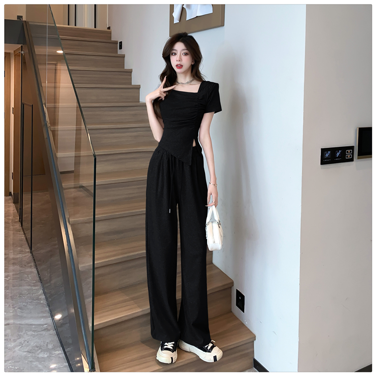 Lazy folds tops Casual wide leg pants a set for women