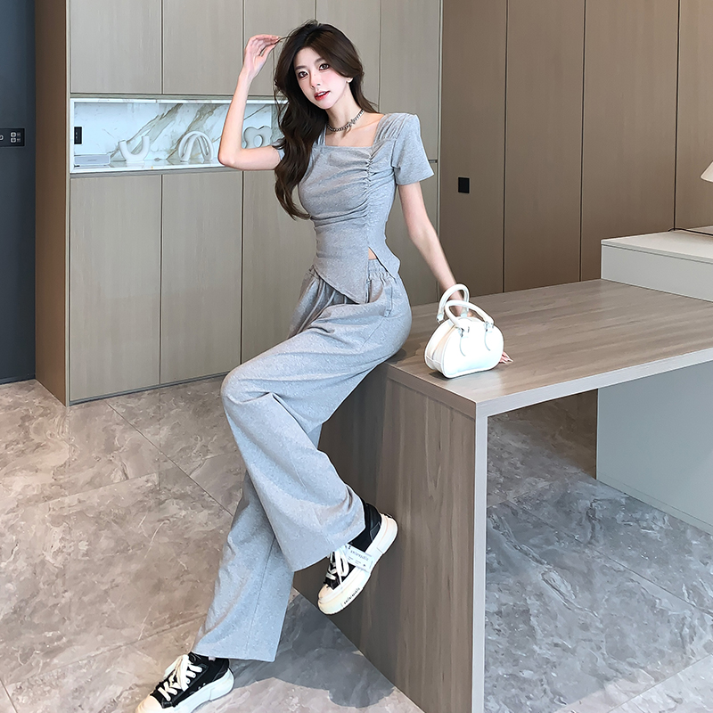 Lazy folds tops Casual wide leg pants a set for women