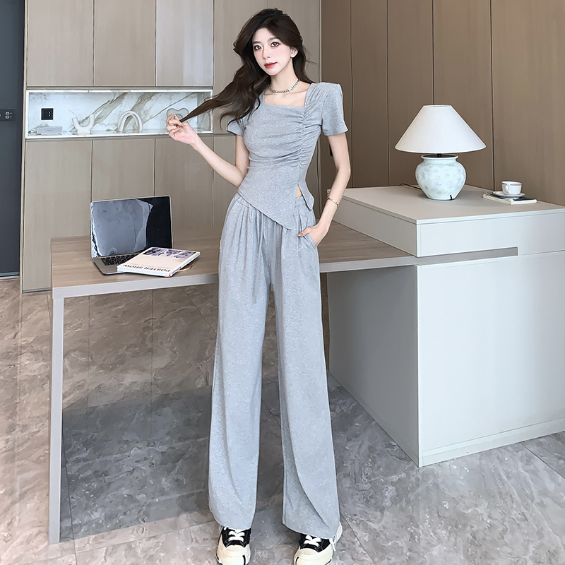 Lazy folds tops Casual wide leg pants a set for women