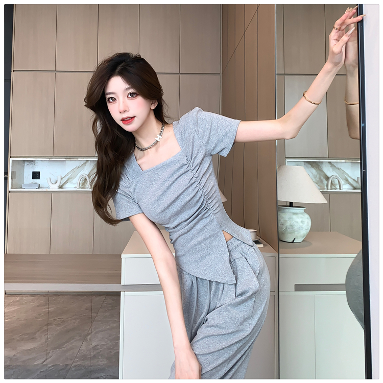 Lazy folds tops Casual wide leg pants a set for women