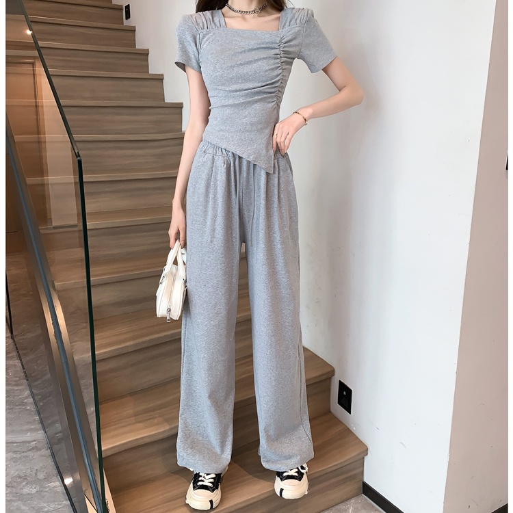 Lazy folds tops Casual wide leg pants a set for women