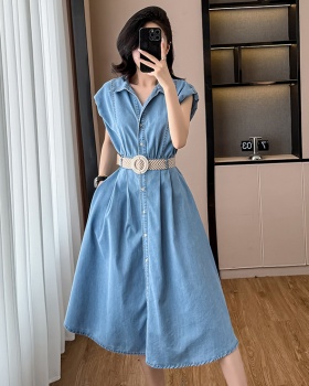 France style pinched waist long dress denim boats sleeve dress