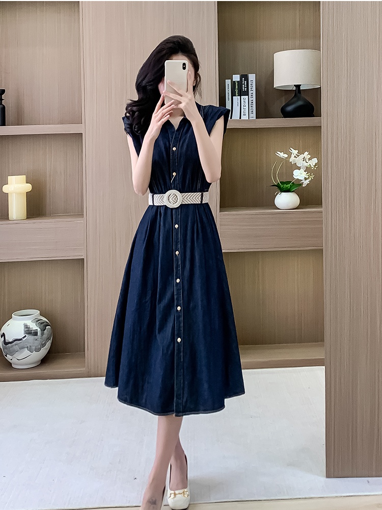 France style pinched waist long dress denim boats sleeve dress