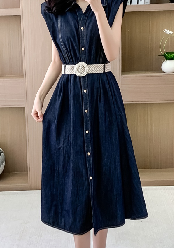 France style pinched waist long dress denim boats sleeve dress