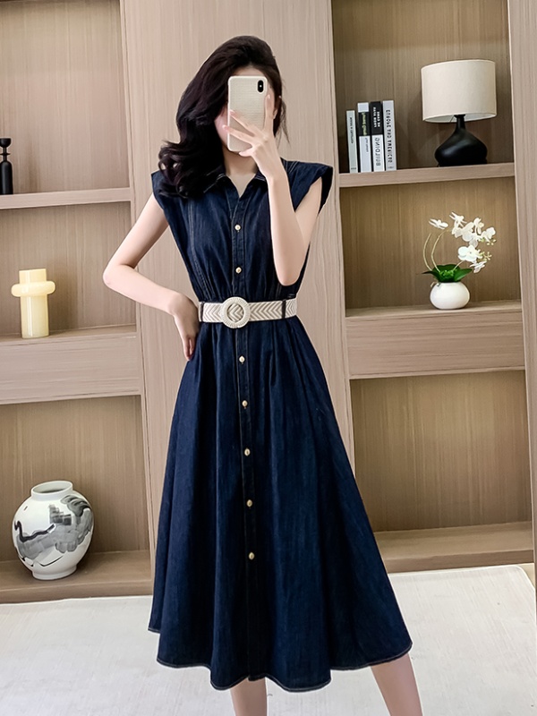 France style pinched waist long dress denim boats sleeve dress