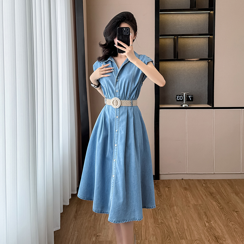 France style pinched waist long dress denim boats sleeve dress