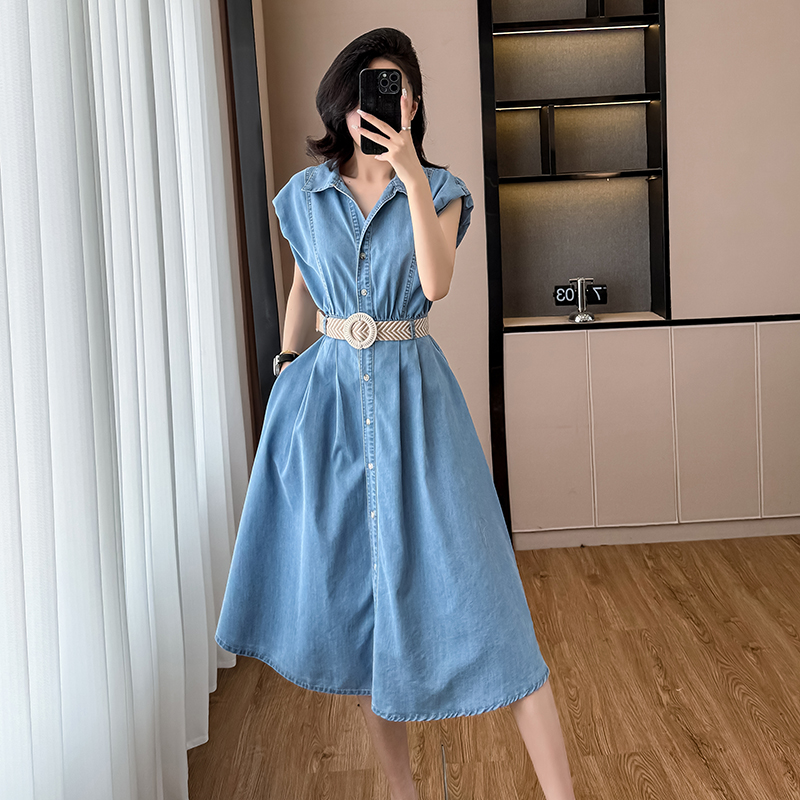 France style pinched waist long dress denim boats sleeve dress