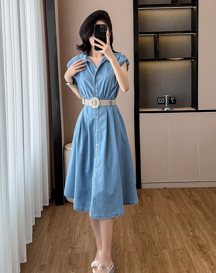 France style pinched waist long dress denim boats sleeve dress