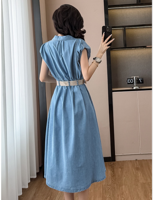 France style pinched waist long dress denim boats sleeve dress