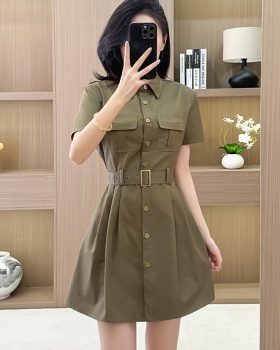 Olive-green frenum dress summer pinched waist T-back