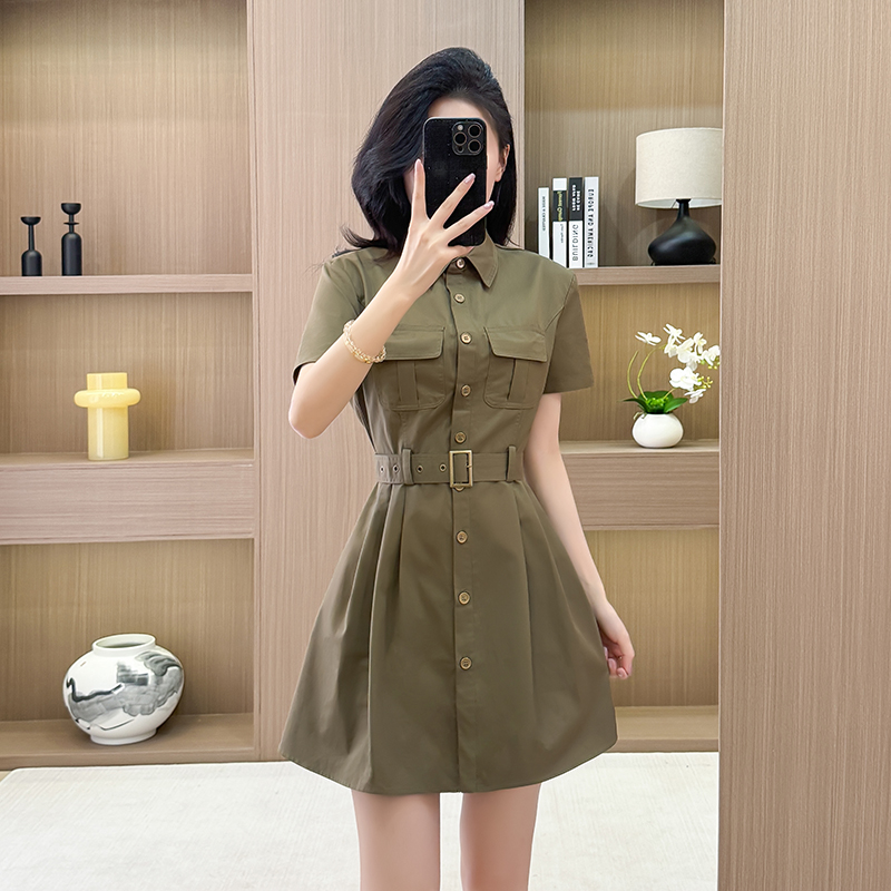 Olive-green frenum dress summer pinched waist T-back
