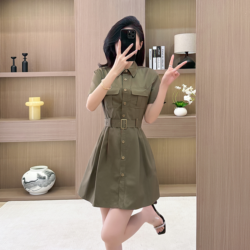 Olive-green frenum dress summer pinched waist T-back