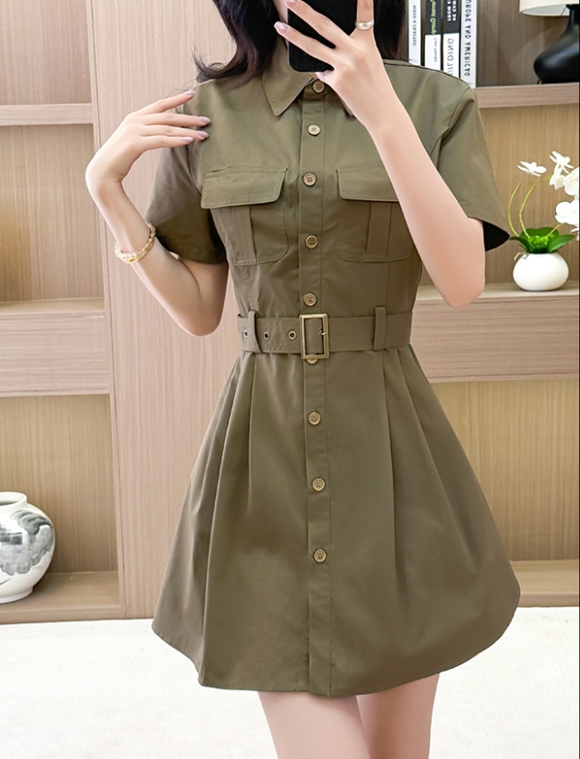 Olive-green frenum dress summer pinched waist T-back