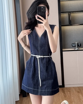 Pinched waist V-neck slim vest denim summer sleeveless dress