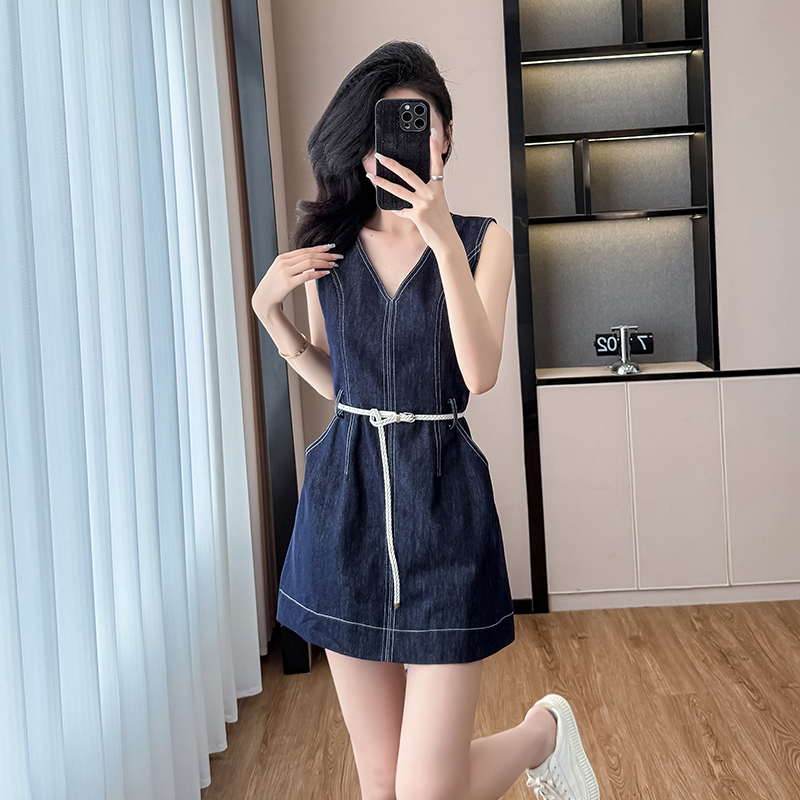 Pinched waist V-neck slim vest denim summer sleeveless dress