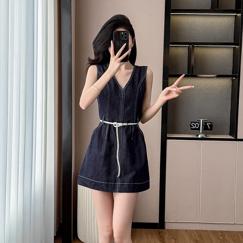 Pinched waist V-neck slim vest denim summer sleeveless dress