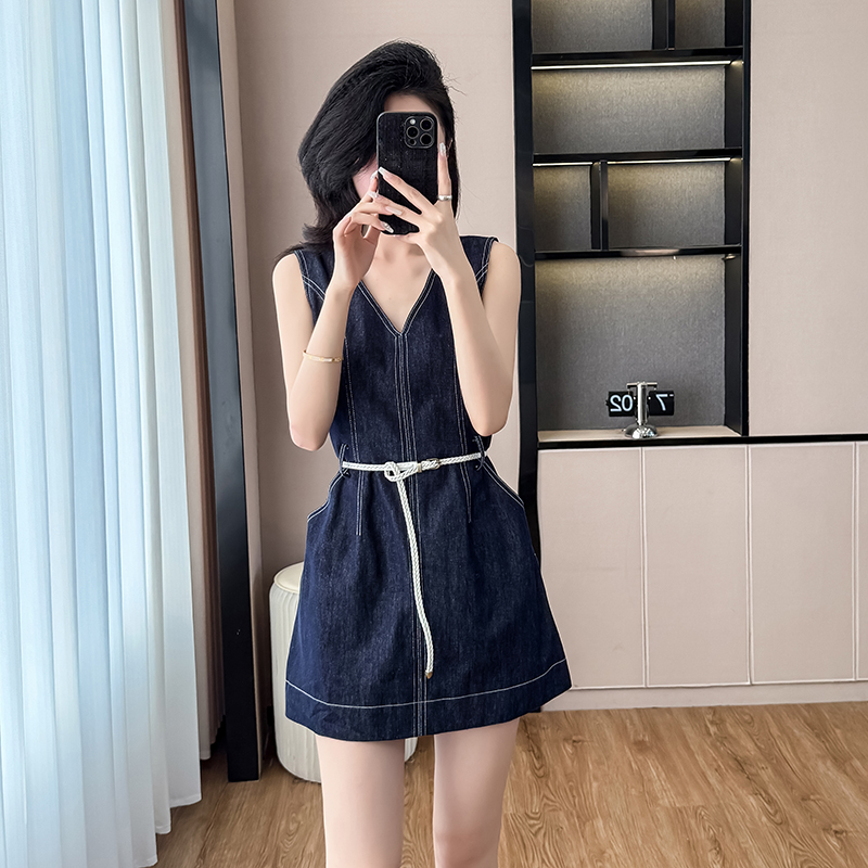 Pinched waist V-neck slim vest denim summer sleeveless dress