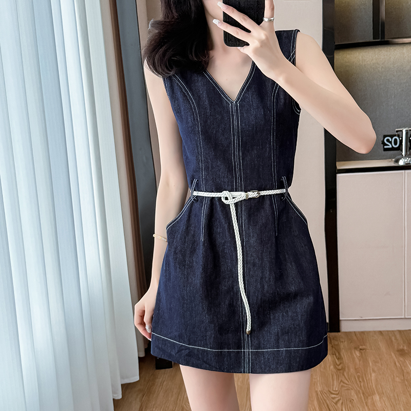 Pinched waist V-neck slim vest denim summer sleeveless dress