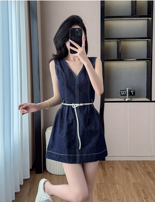 Pinched waist V-neck slim vest denim summer sleeveless dress