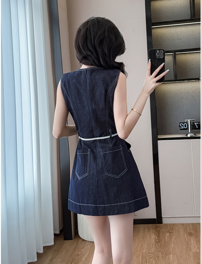 Pinched waist V-neck slim vest denim summer sleeveless dress