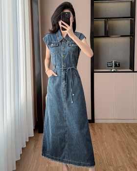 Summer bandage sleeveless long dress boats sleeve denim dress