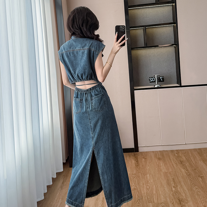 Summer bandage sleeveless long dress boats sleeve denim dress