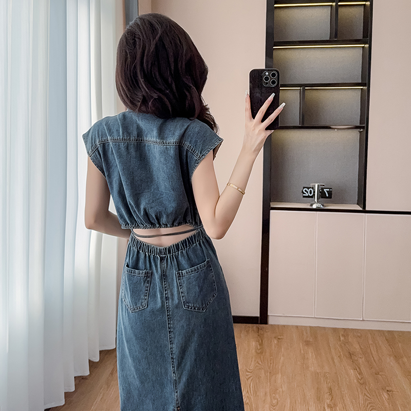 Summer bandage sleeveless long dress boats sleeve denim dress