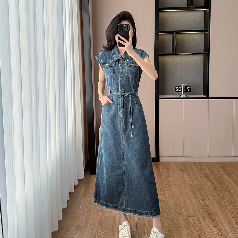Summer bandage sleeveless long dress boats sleeve denim dress