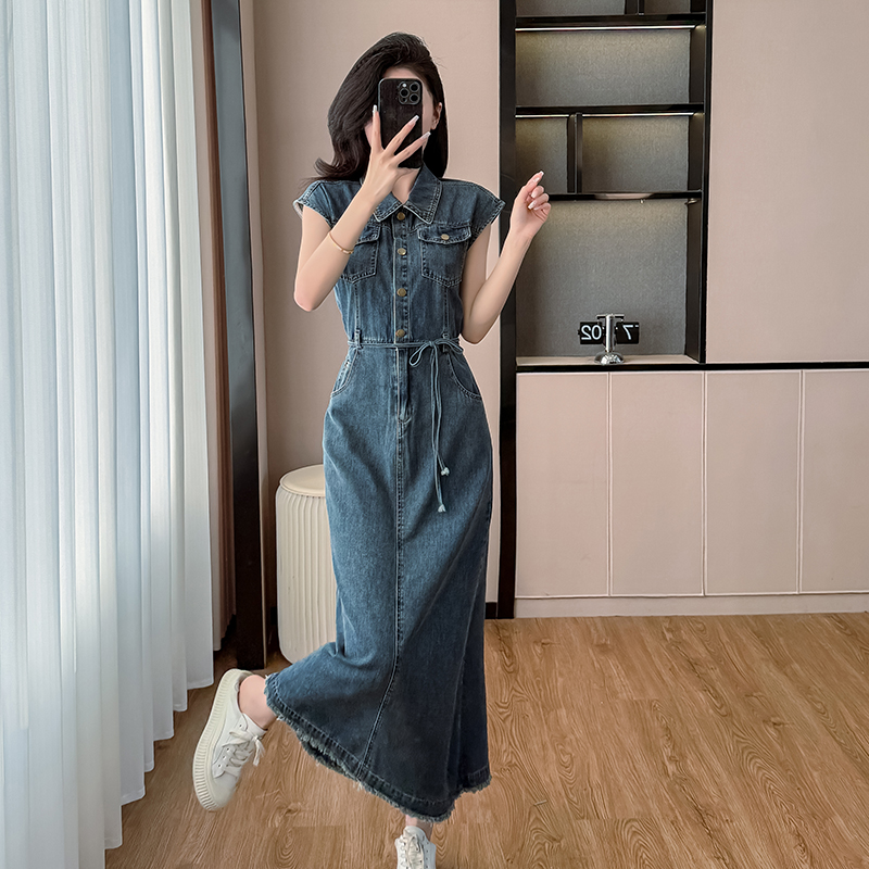 Summer bandage sleeveless long dress boats sleeve denim dress
