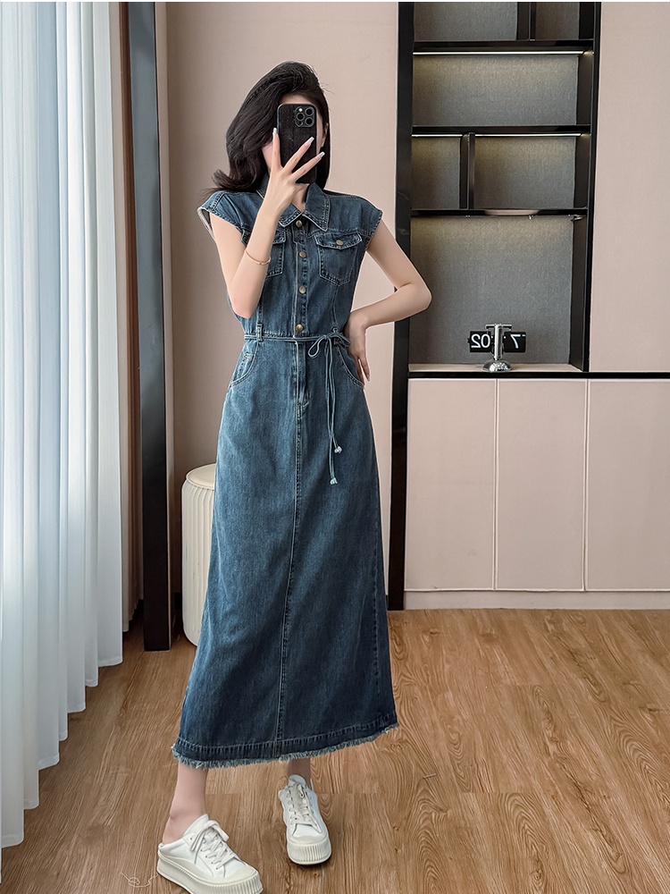 Summer bandage sleeveless long dress boats sleeve denim dress