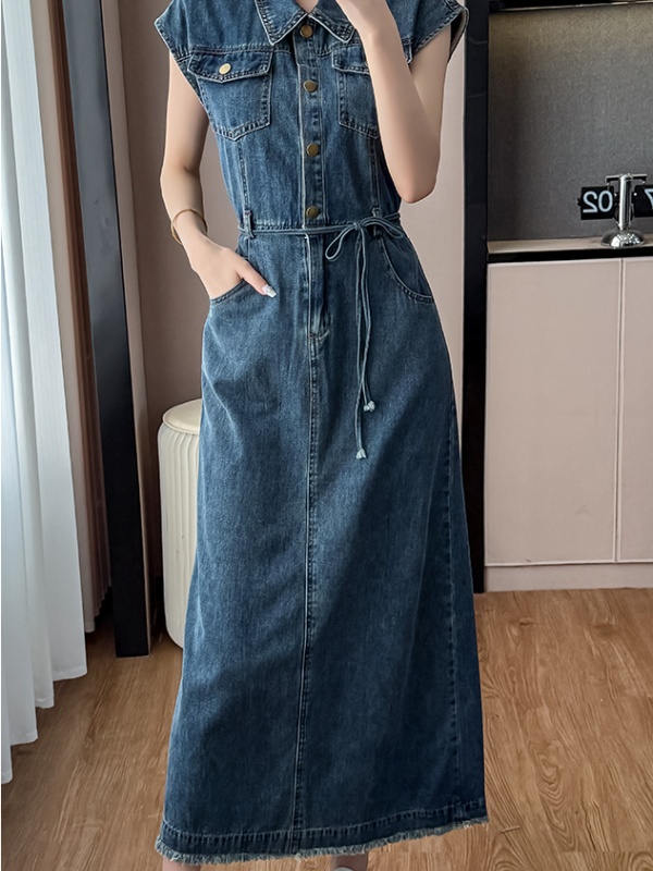 Summer bandage sleeveless long dress boats sleeve denim dress