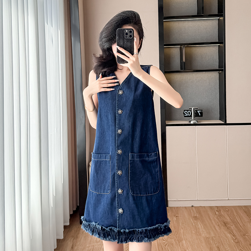 Denim retro summer dress sleeveless big skirt A-line T-back