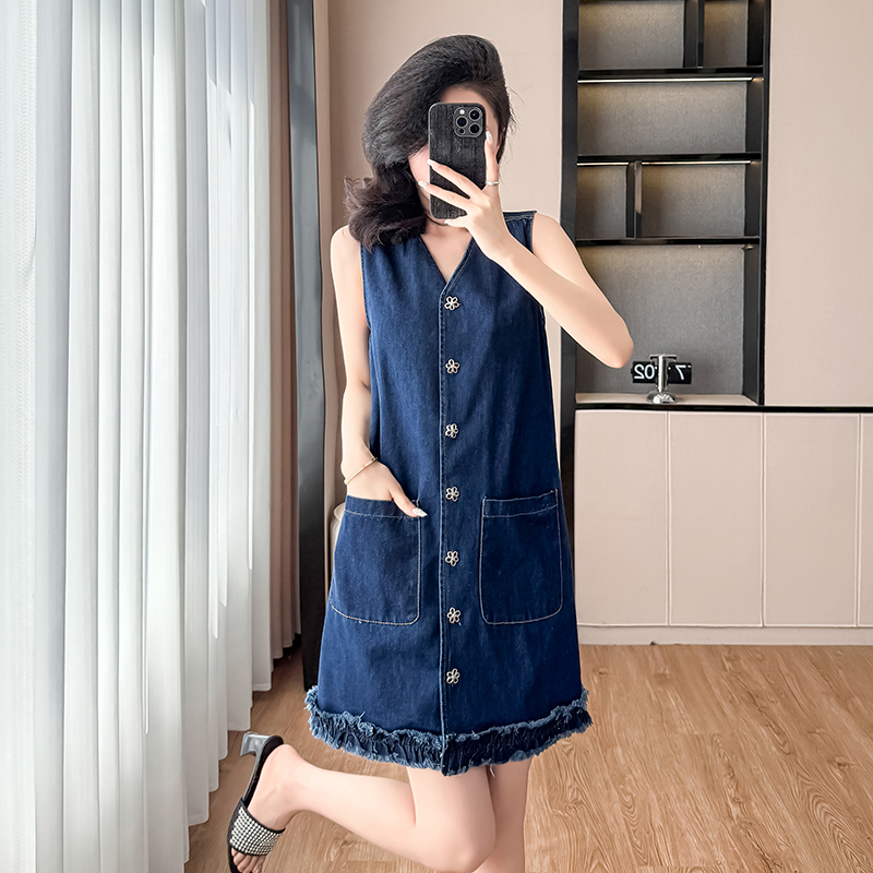 Denim retro summer dress sleeveless big skirt A-line T-back