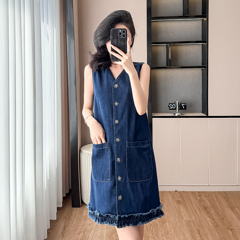 Denim retro summer dress sleeveless big skirt A-line T-back