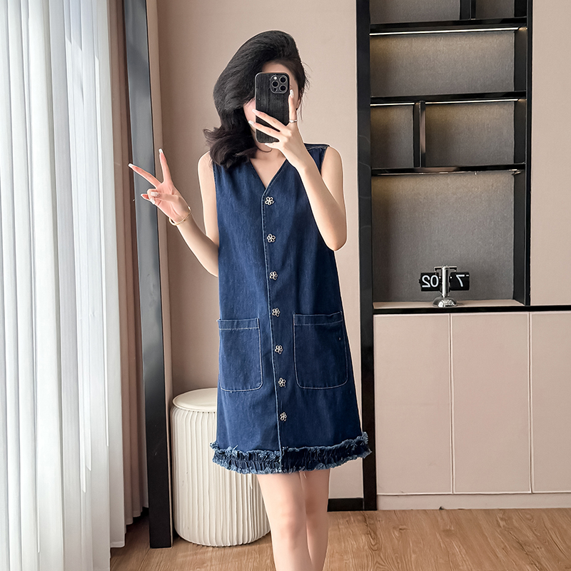 Denim retro summer dress sleeveless big skirt A-line T-back