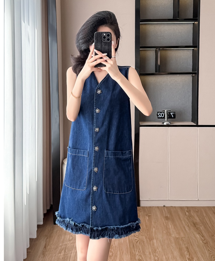 Denim retro summer dress sleeveless big skirt A-line T-back