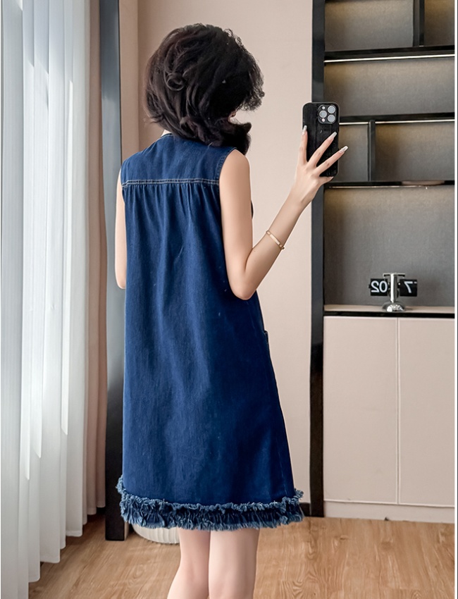 Denim retro summer dress sleeveless big skirt A-line T-back