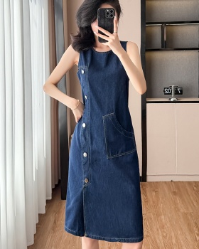 Denim summer straight long dress sleeveless round neck dress