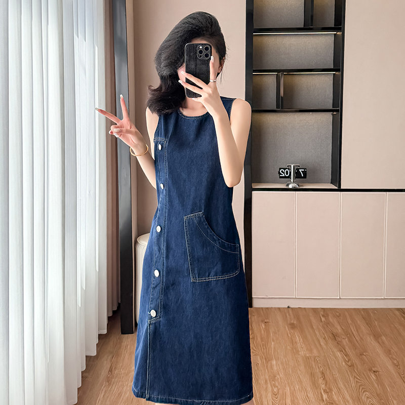 Denim summer straight long dress sleeveless round neck dress
