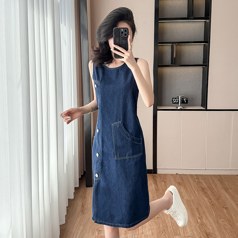 Denim summer straight long dress sleeveless round neck dress