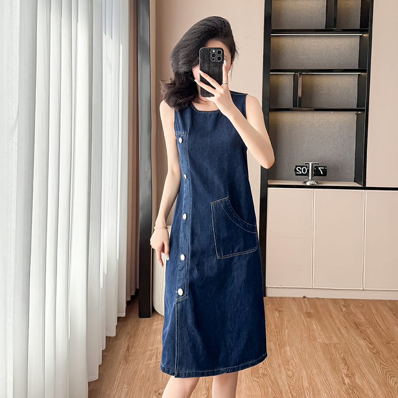 Denim summer straight long dress sleeveless round neck dress
