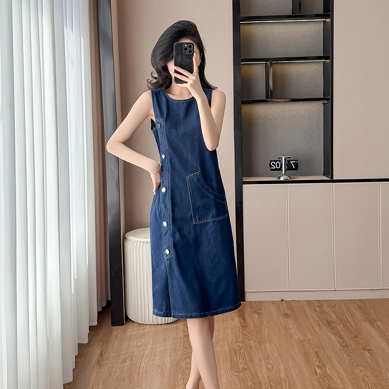 Denim summer straight long dress sleeveless round neck dress